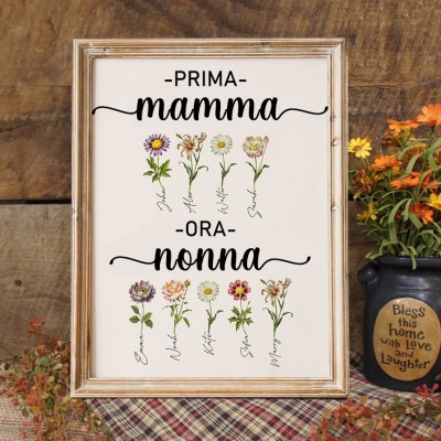 Prima Mamma Ora Nonna - Cartello Cornice in Legno Personalizzato con Fiori del Mese di Nascita e Nomi dei Bambini - Regalo di Compleanno Unico per Mamma e Nonna, Regalo di Natale