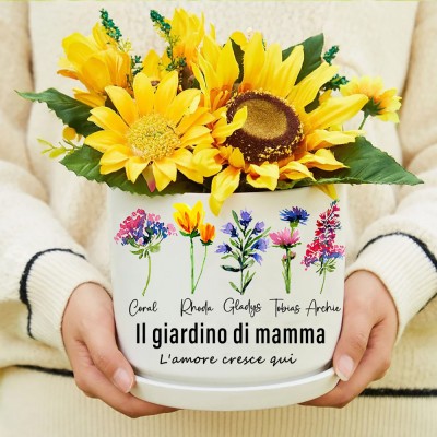 Vaso per piante da giardino personalizzato Mum's Garden stampato con i nomi dei bambini e fiori di nascita Regali unici per la mamma per l'esterno Idee regalo per la festa della mamma Regalo per la gravidanza della mamma