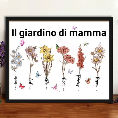 Stampa artistica personalizzata del giardino fiorito del mese di nascita con nomi dei bambini, regalo unico su tavoletta di legno per mamma, nonna, festa della mamma.