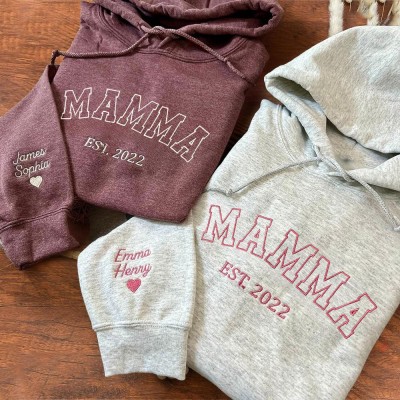 Felpa con cappuccio personalizzata con ricamo "Mamma" e data, regalo per la mamma, regalo di compleanno unico per la neomamma, regalo per la festa della mamma
