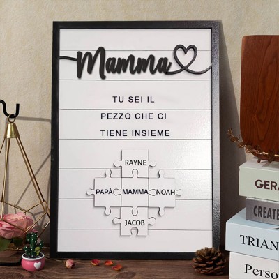 Targa personalizzata fatta a mano in legno con pezzi di puzzle per la famiglia della mamma con i nomi dei bambini, regalo per la nuova mamma, per la mamma, per la nonna, per la festa della mamma