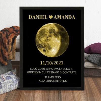Ecco come appariva la luna il giorno del nostro incontro. Cornice personalizzata con stampa delle fasi lunari, regalo per anniversario di coppia