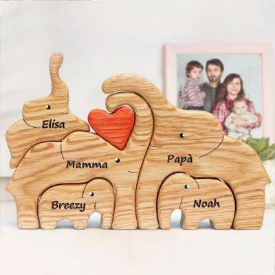 Puzzle personalizzato in legno con famiglia di elefanti e nomi dei bambini, regali unici per mamma, nonna, regalo di compleanno, idee regalo per la festa della mamma
