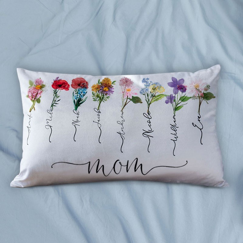 Personalized Birth Flower Pillow with Mom Nickname