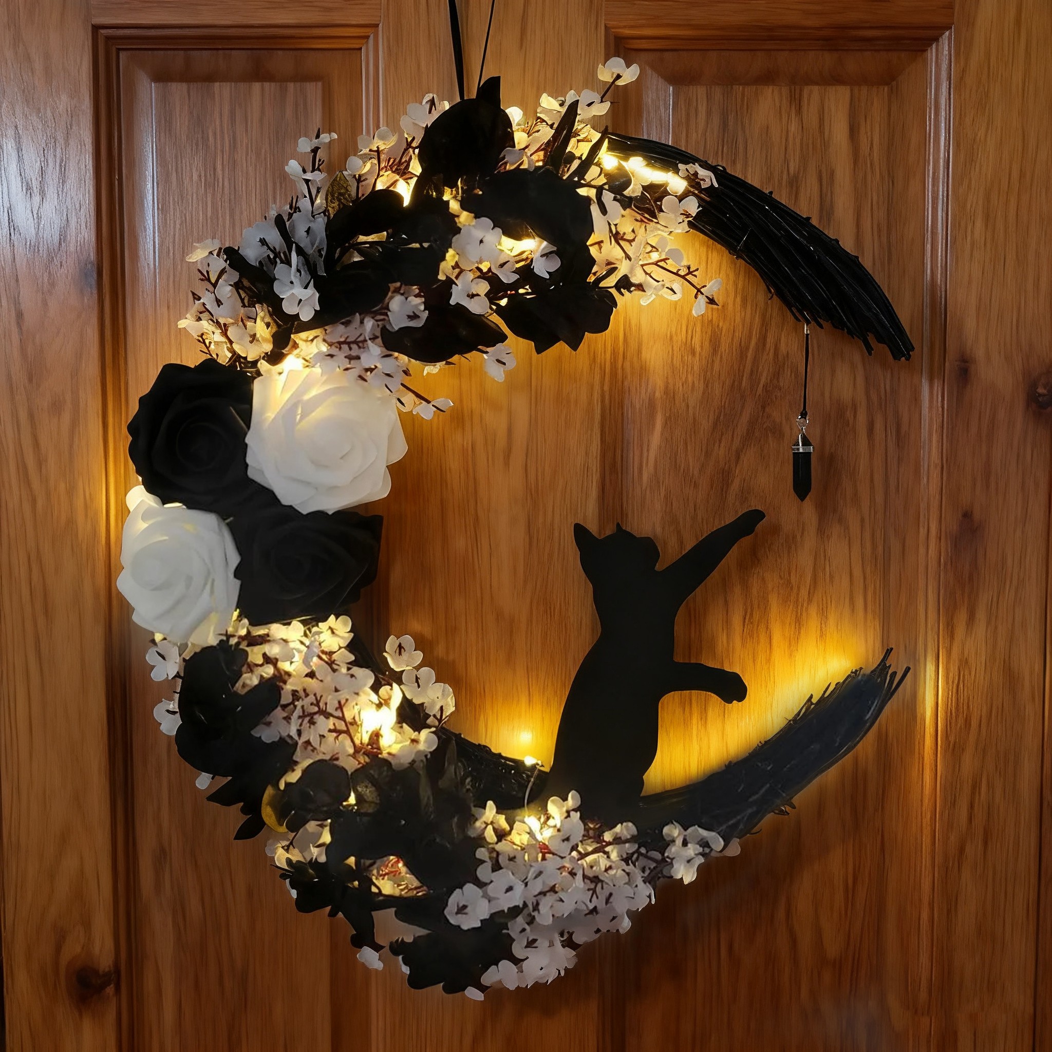 Halloween Crescent Moon Floral Black Cat Wreath Unique Halloween Gifts