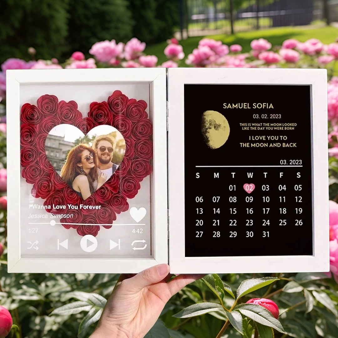 Personalized Flower Shadow Box With Moon Phase Calendar Gifts for Couples Unique Anniversary Gift Christmas Gift
