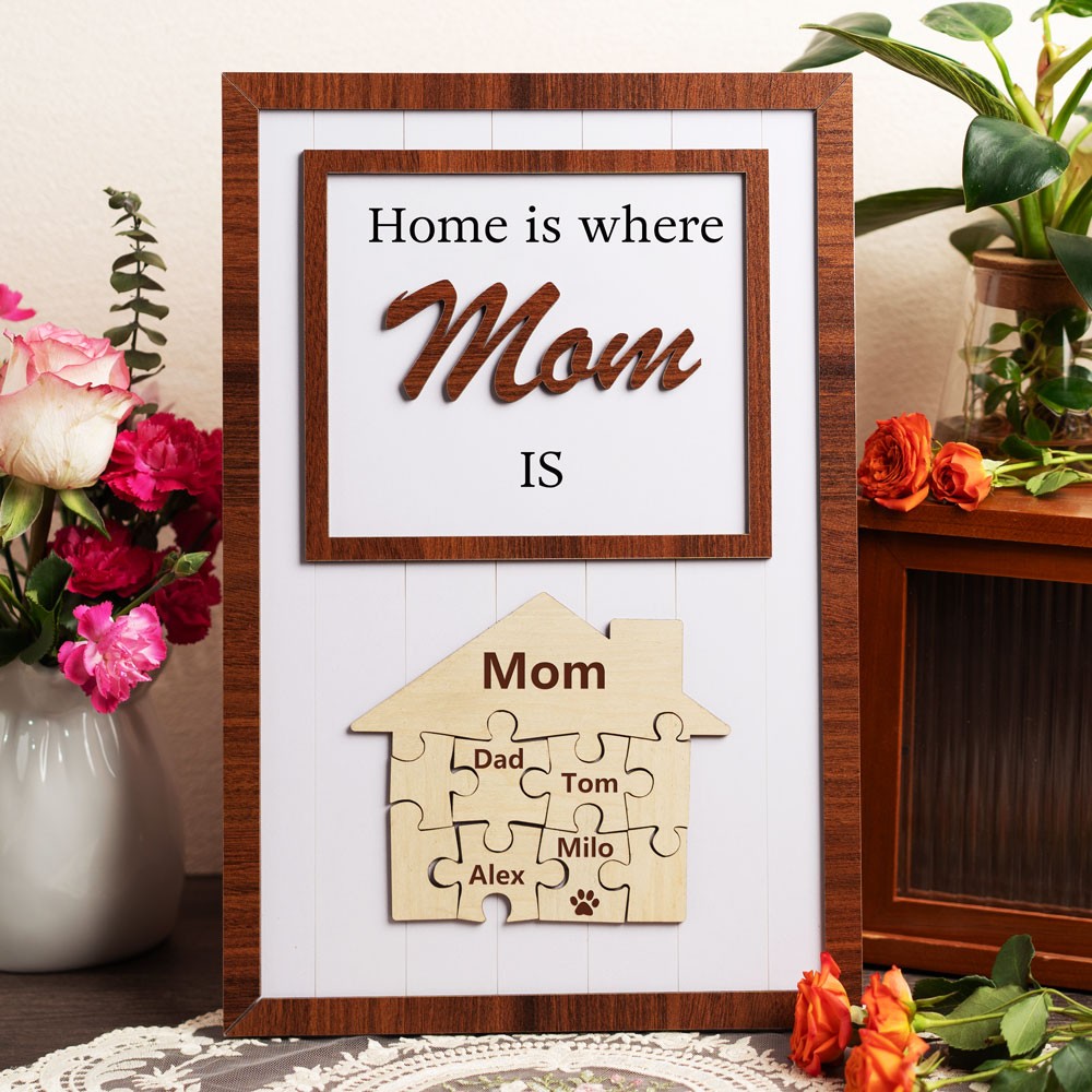 Home Is Where Mom Is Personalized Wood Mom Puzzle Sign Gift for Mom Grandma Mother's Day Gifts