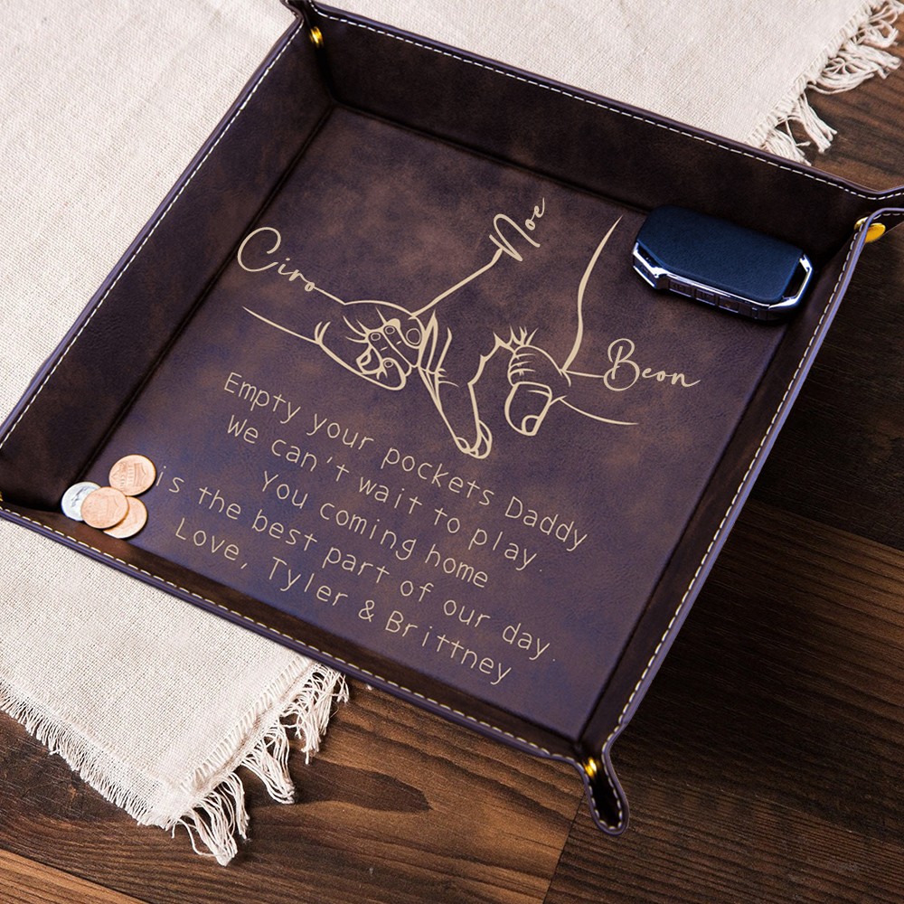 Empty Your Pockets Daddy Custom Leather Valet Tray with Kids Names Gifts for Dad Father's Day Gift