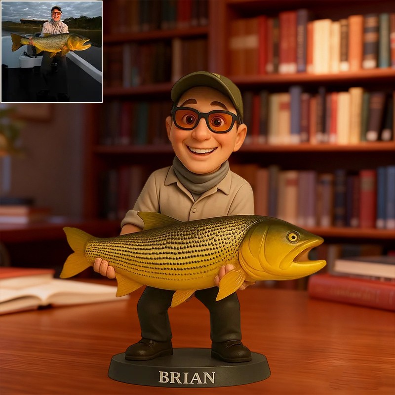 Custom 2D Fishing Photo Portrait Cartoon Style Figurine for Him Unique Desk Decor Gifts for Fisherman
