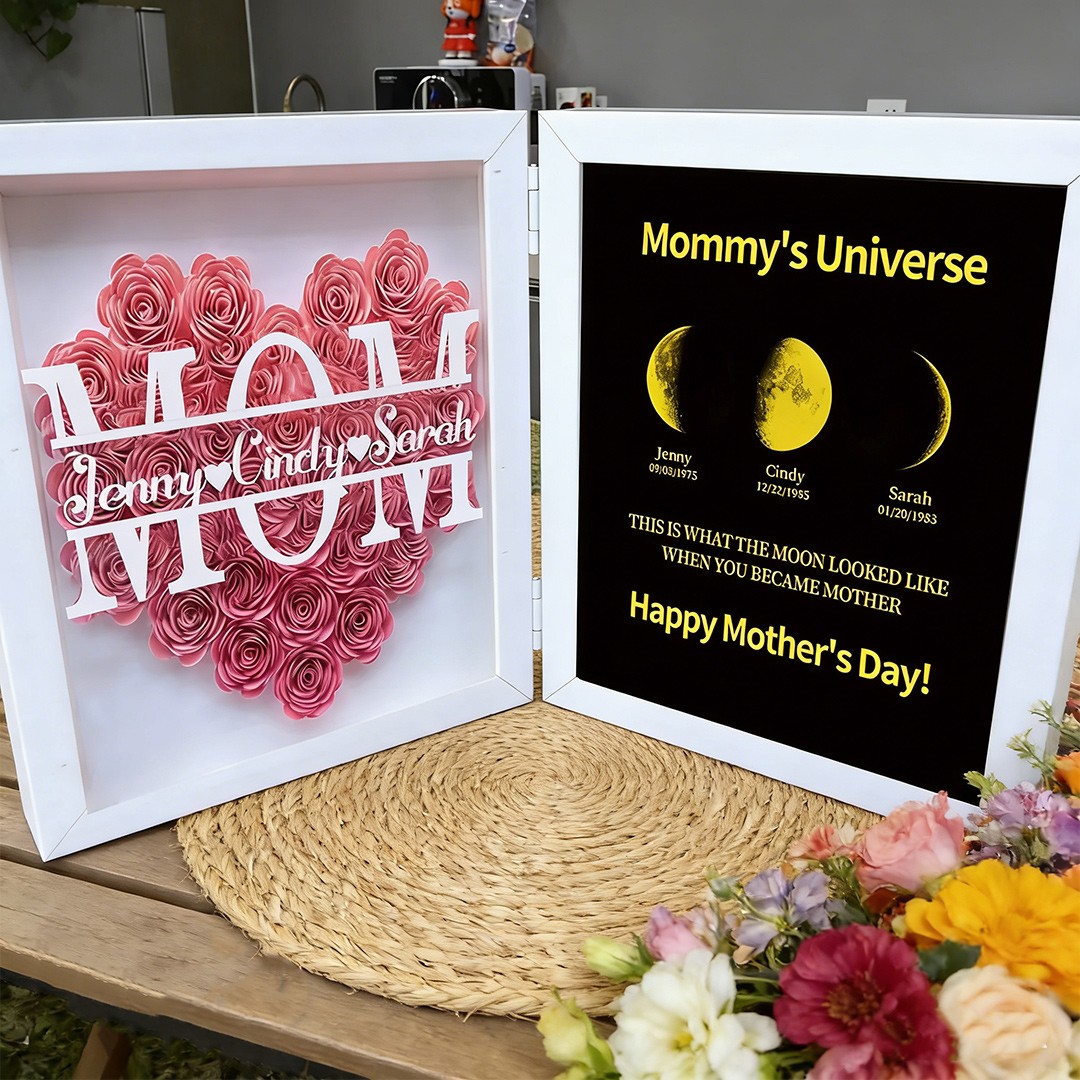 Personalized Mom Name Flower Shadow Box with Moon Phase Print Frame Keepsake Gifts for Mom Grandma Mother's Day Gift Ideas
