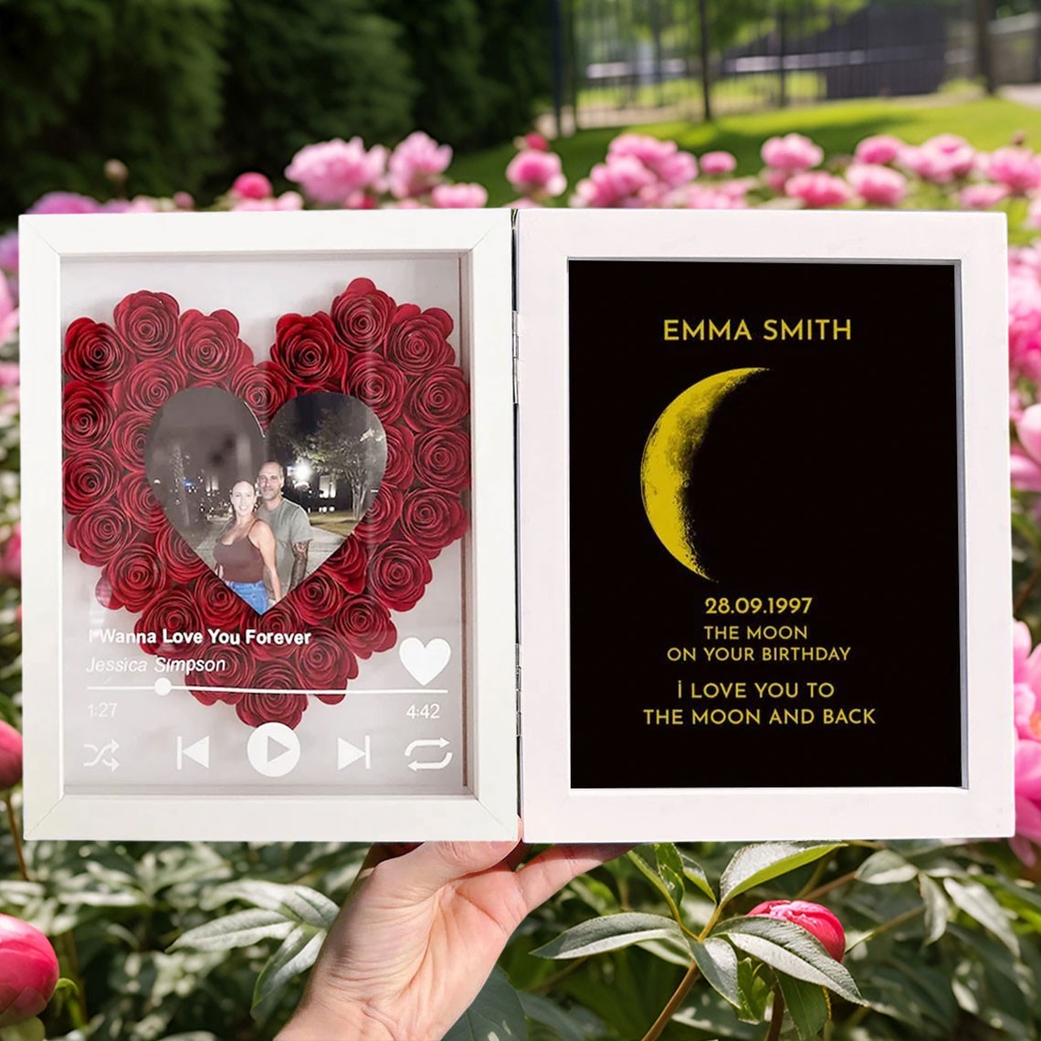 Custom Couple Portrait Flower Shadow Box with Moon Phase Calendar Gift Ideas for Couples Anniversary Gifts