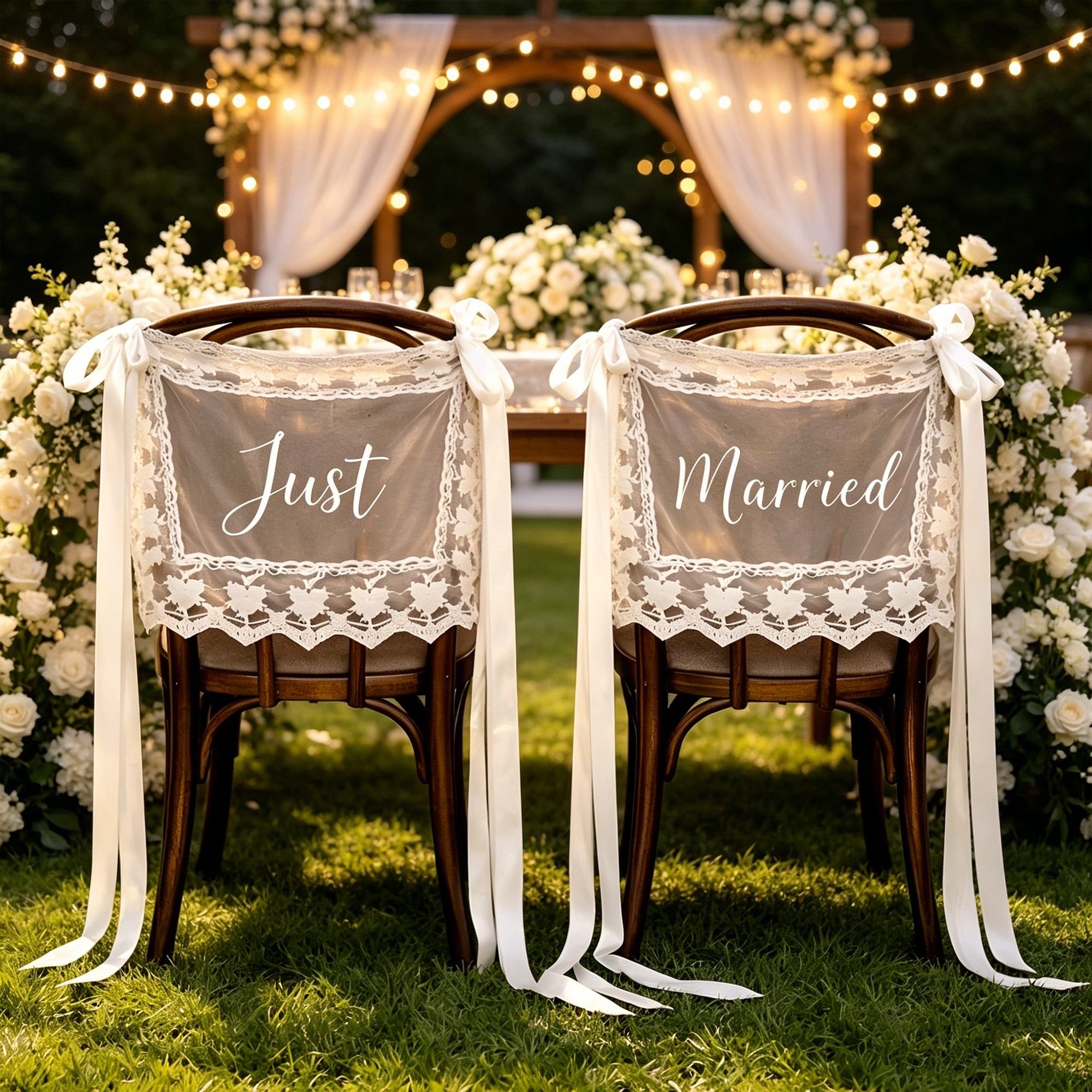 Personalized Lace Just Married Chair Sign for Bride & Groom Wedding Chair Decor Custom Wedding Chair Banners