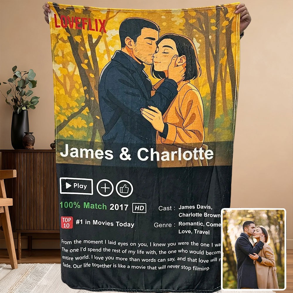 Custom LOVEFLIX Movie Photo Blanket with Your Love Story Unique Gift for Couples Anniversary Gift Valentine's Day Gift
