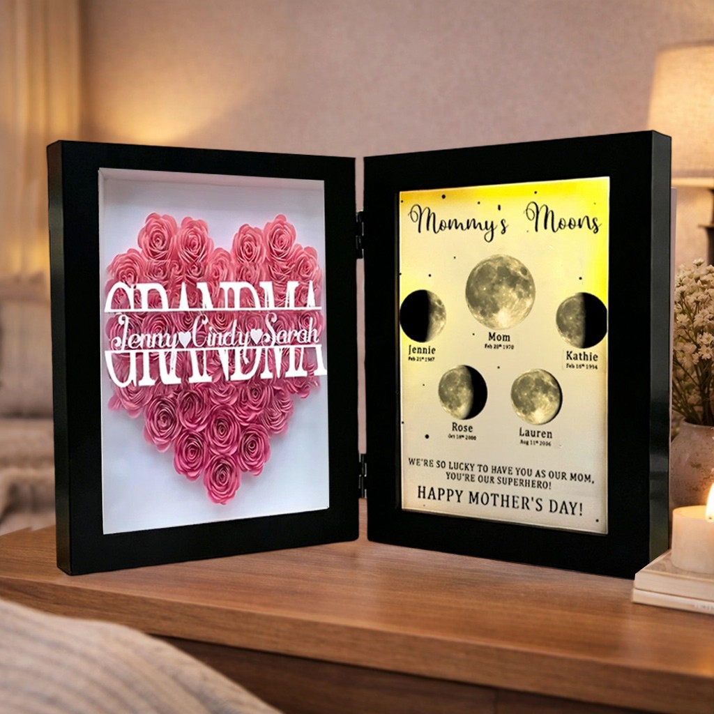 Name Flower Shadow Box with Moon Phase Night Light By Date Personalized Gifts for Grandma Mom Mother's Day Gift Ideas