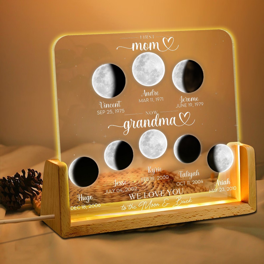 Custom First Mom Now Grandma Moon Phase Night Light By Date with Kids Names for Mother's Day Gift Unique Gift for Mom Grandma