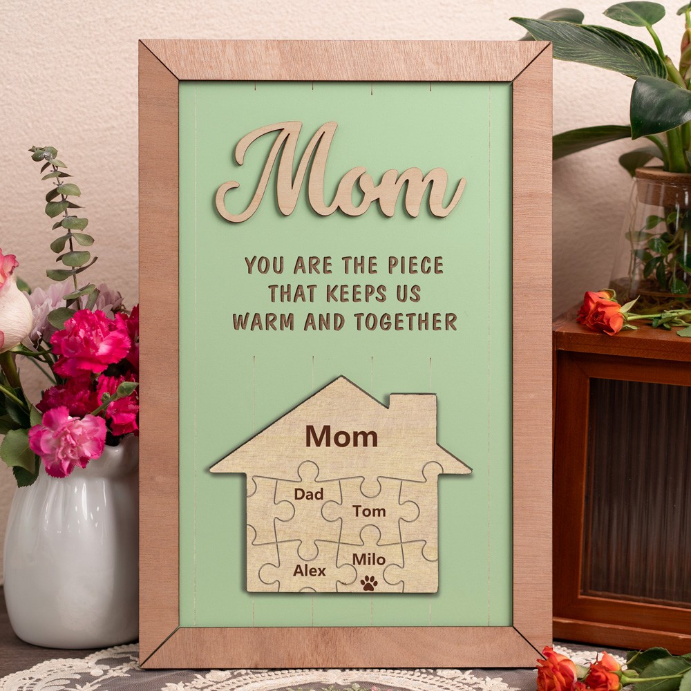 Mom You Are The Piece That Keeps Us Warm And Together Personalized Wood Puzzle Sign Gift for Mom Grandma Mother's Day Gifts