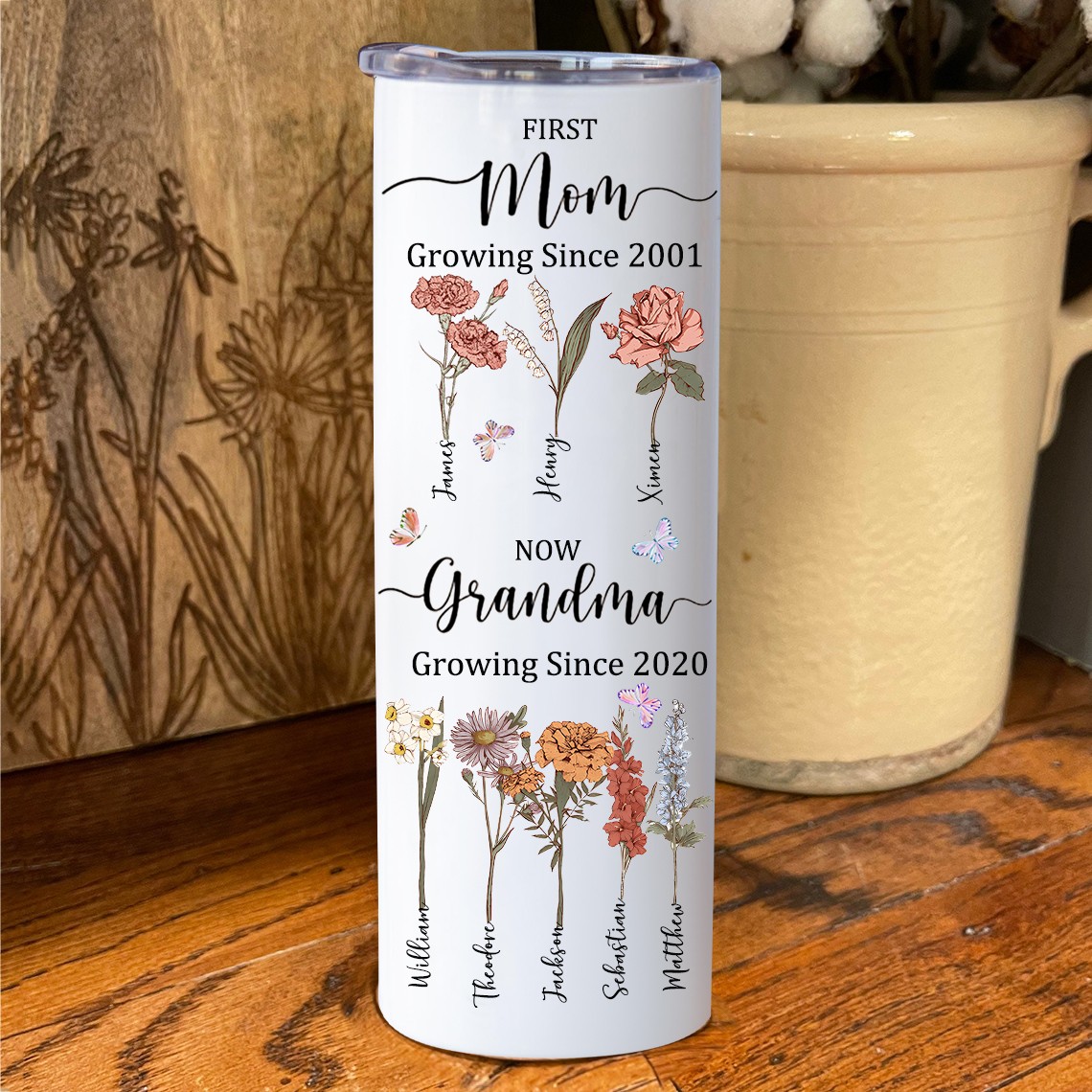 Custom First Mom Now Grandma Birth Flower Tumbler with Kids Names for Christmas Gift Unique Gift for Grandma Mom