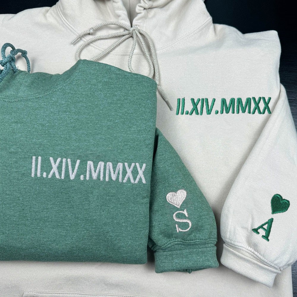 Custom Embroidered Roman Numeral Hoodie With Initial On Sleeve Anniversary Gifts for Wife Husband Valentine's Day Gift