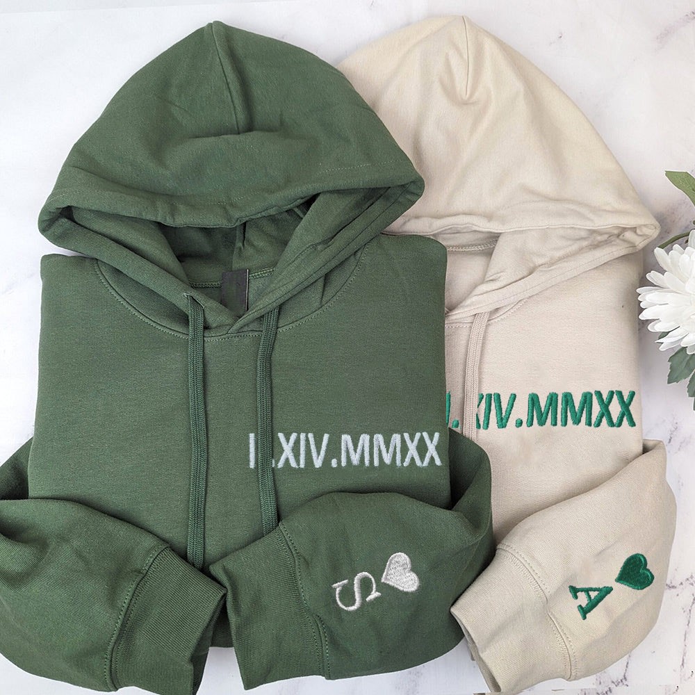 Personalized Couples Matching Hoodies with Embroidered Roman Numeral Engagement Gifts Unique Valentine's Day Gift for Couples