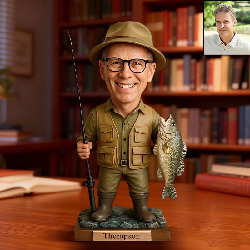 Custom Fishing Photo Portrait Cartoon Style Figurine for Him Unique Desk Decor Gifts for Fisherman Christmas Gift