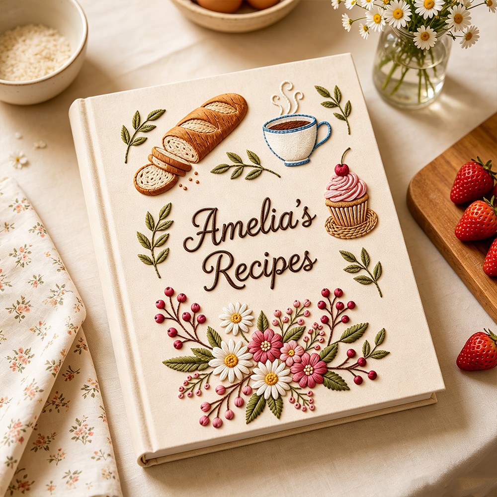 Personalized Embroidered Recipe Book, Vintage Cottagecore Cookbook, Family Recipe Keepsake, Baking Memory Book Gift
