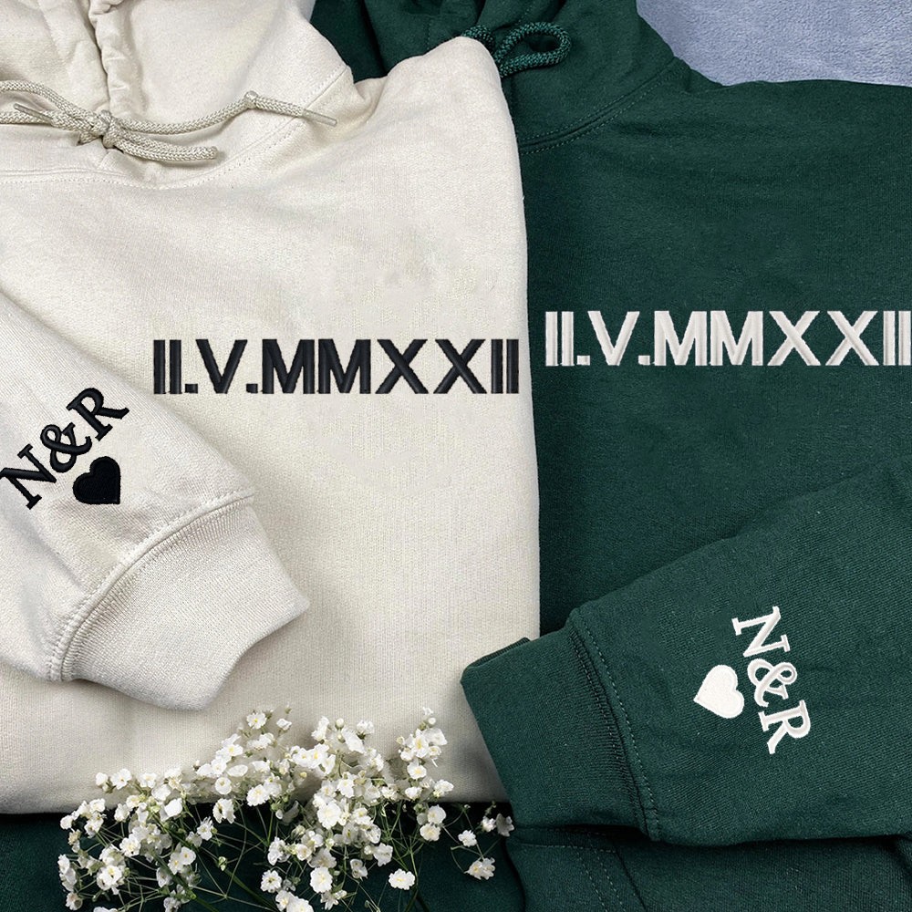 Custom Couples Matching Hoodies with Embroidered Roman Numeral Anniversary Gifts for Husband Valentine's Day Gift for Him
