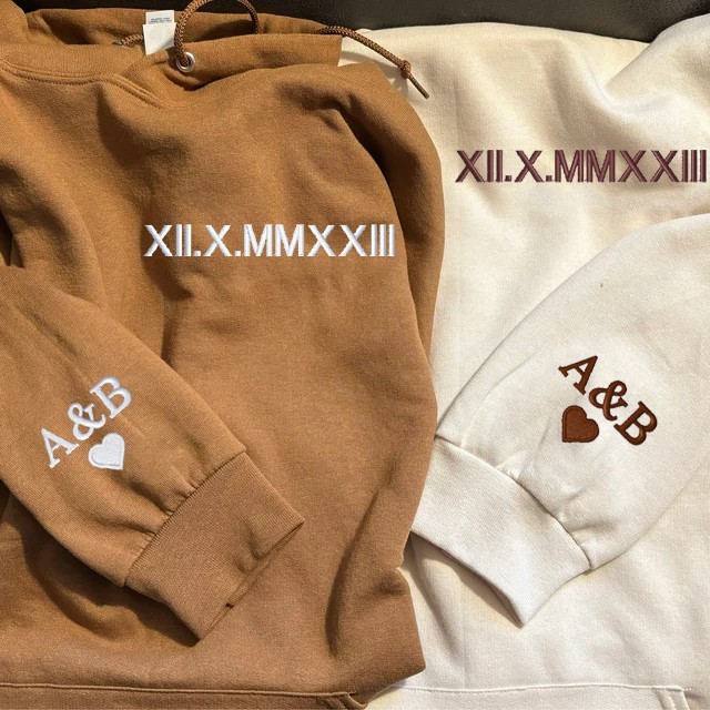 Custom Roman Numeral Embroidered Hoodie Personalized Date and Initial Hoodie Gifts for Anniversary Engagement Valentine's Day