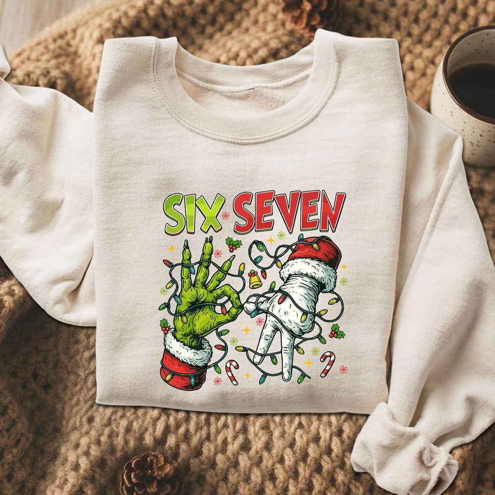 Funny Six Seven Meme Christmas Santa Hand Sign Sweatshirt Unique Christmas Gifts