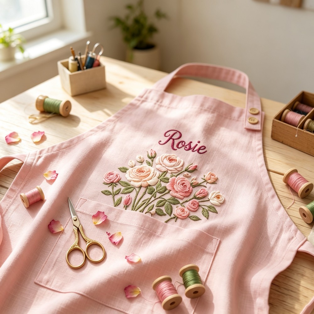 Personalized Embroidered Birth Month Flower Apron with Name, Cooking Baking Apron, Custom Gift for Mom & Grandma