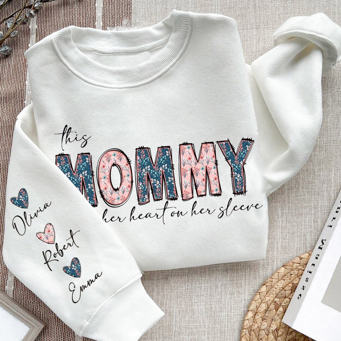 Custom This Mommy Wears Her Heart on Her Sleeve Sweatshirt with Kids Names on Sleeve New Mom Gift Mother's Day Gift Ideas