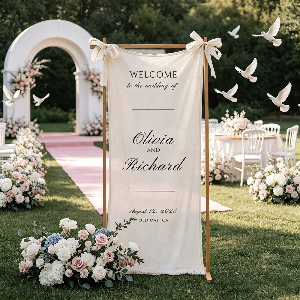 Custom Lace Wedding Welcome Sign Fabric Ceremony Reception Signage Personalized Modern Wedding Banner