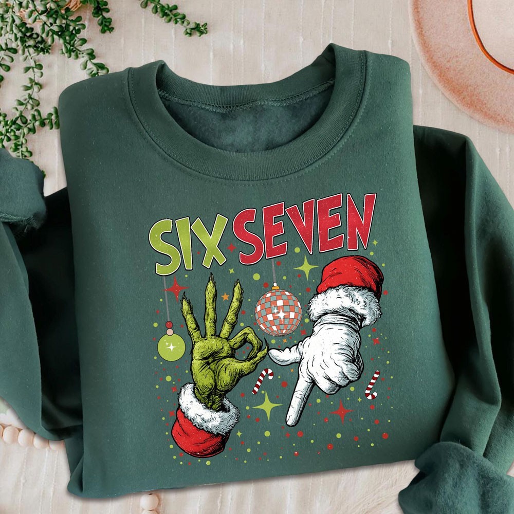 Funny Six Seven Meme Christmas Santa Hand Sign Sweatshirt Unique Christmas Gifts