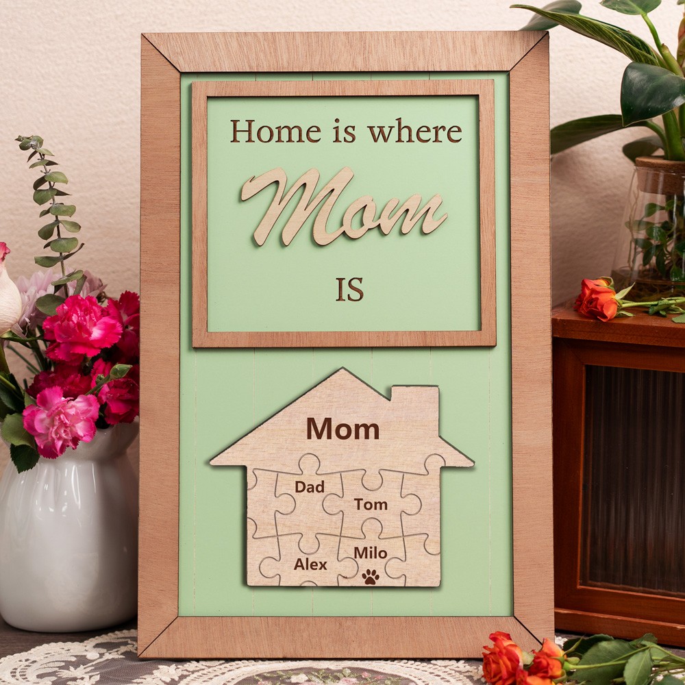 Home Is Where Mom Is Personalized Wood Mom Puzzle Sign Gift for Mom Grandma Mother's Day Gifts