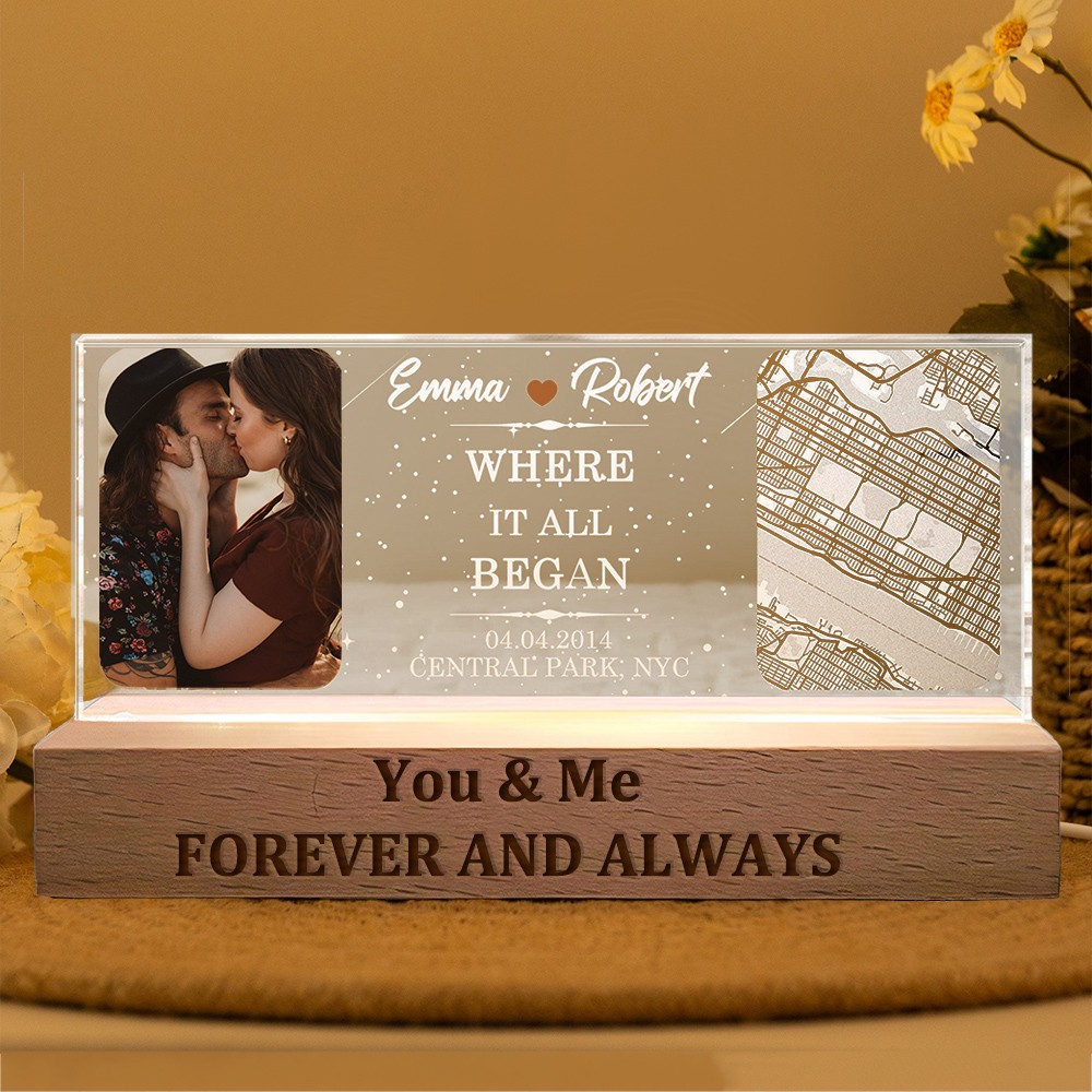 Personalized Where It All Began Map Night Light with Couple Photo Anniversary Gifts for Her Valentine's Day Gift for Couples