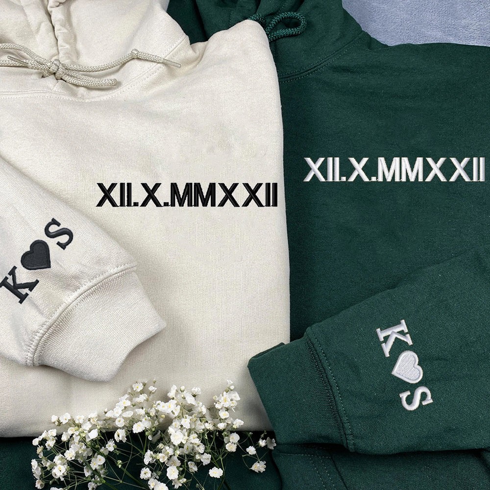 Personalized Couple Embroidered Roman Numeral Matching Hoodie With Anniversary Dates Valentine's Day Gift for Girlfriend