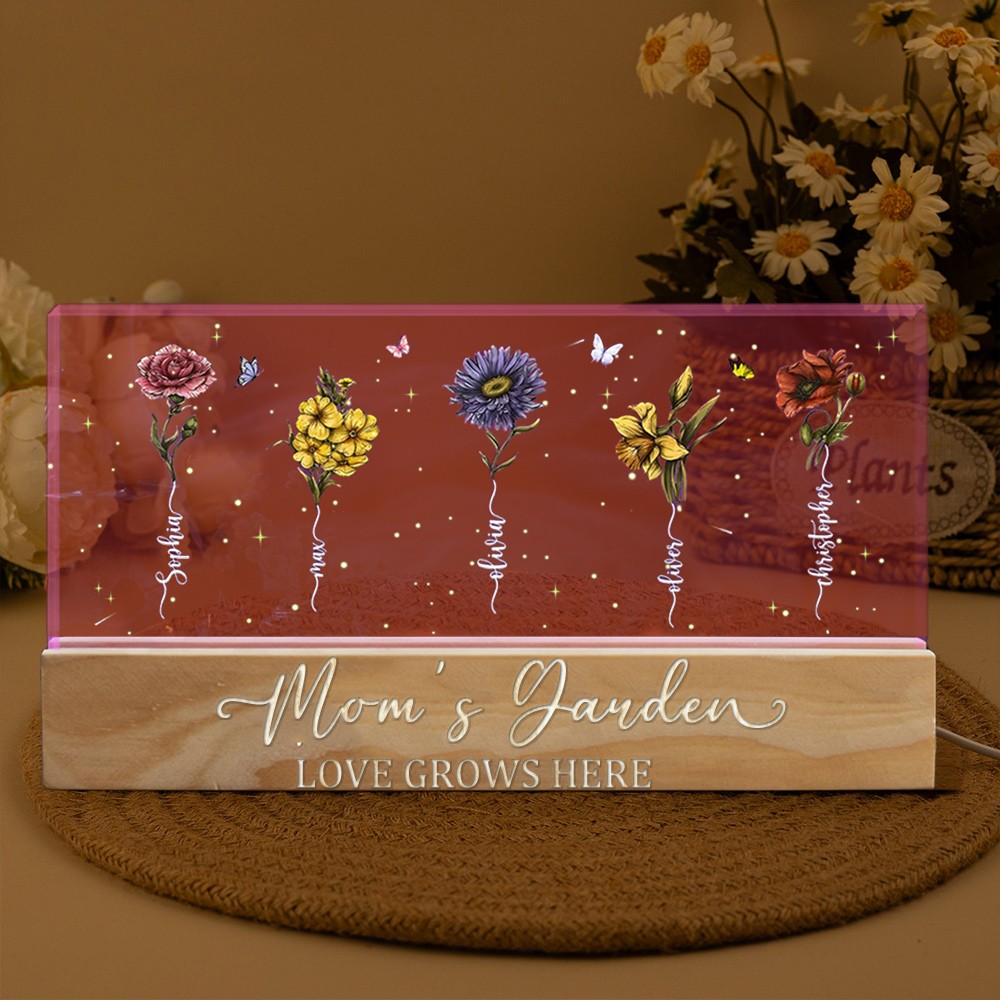 Personalized Mom's Garden Love Grows Here Birth Flower Wood Night Light Unique Gift for Mom Grandma Christmas Gift