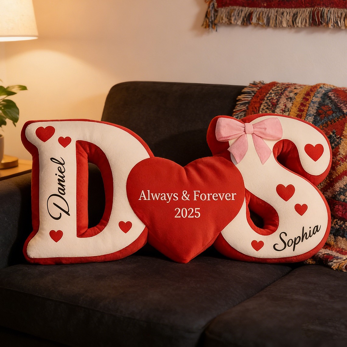 Custom Couple Initial Heart Throw Pillow with Name Anniversary Gifts for Her Unique Valentine's Day Gift Ideas