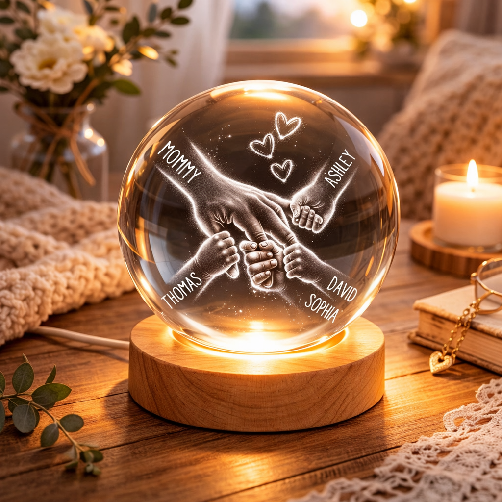 Personalized Mommy And Kids Holding Hands Crystal Ball LED Night Light Mother's Day Gifts