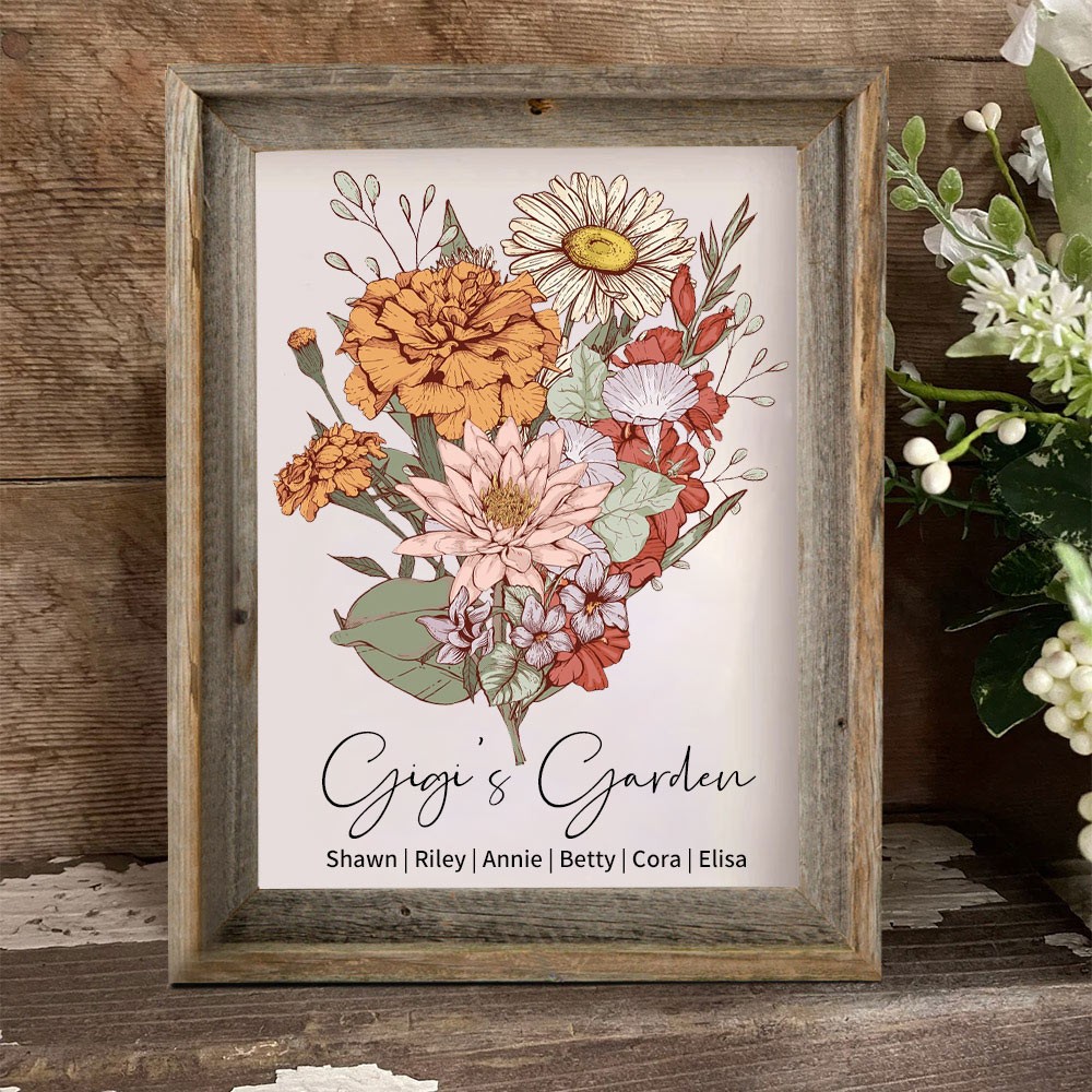 Personalized Gigi's Garden Birth Flower Bouquet Frame With Grandkids Names Gift Ideas for Mom Grandma Mother's Day Gifts