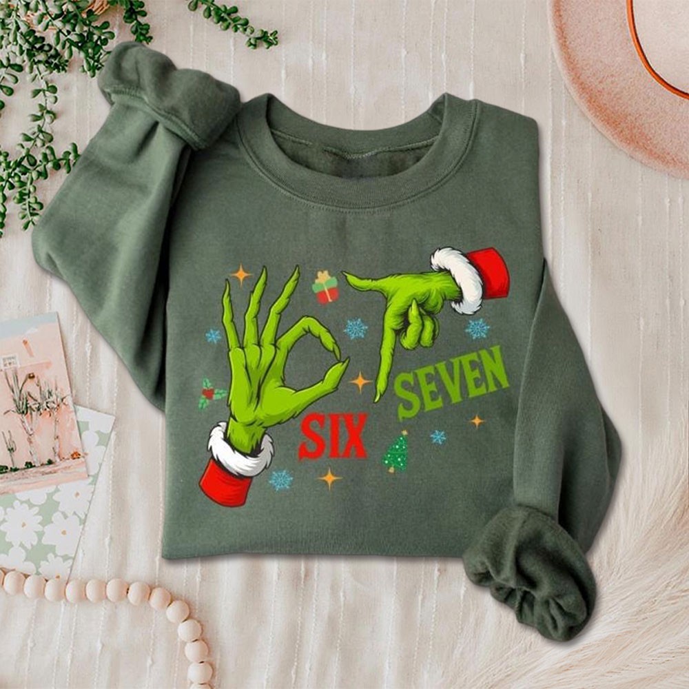 Funny Six Seven Meme Christmas Santa Hand Sign Sweatshirt Unique Christmas Gifts