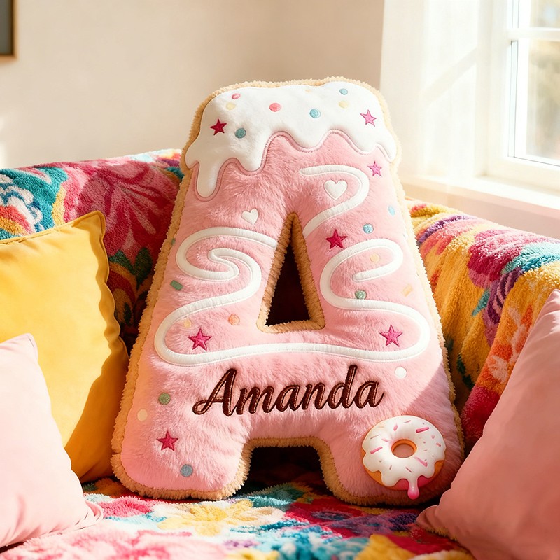 Personalized Pink Donuts Letter Pillow with Custom Name Christmas Gift for Girls