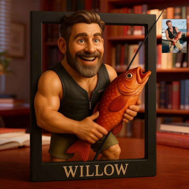 Custom Fishing Photo Portrait Cartoon Style Figurine for Him Unique Desk Decor Gifts for Fisherman Christmas Gift