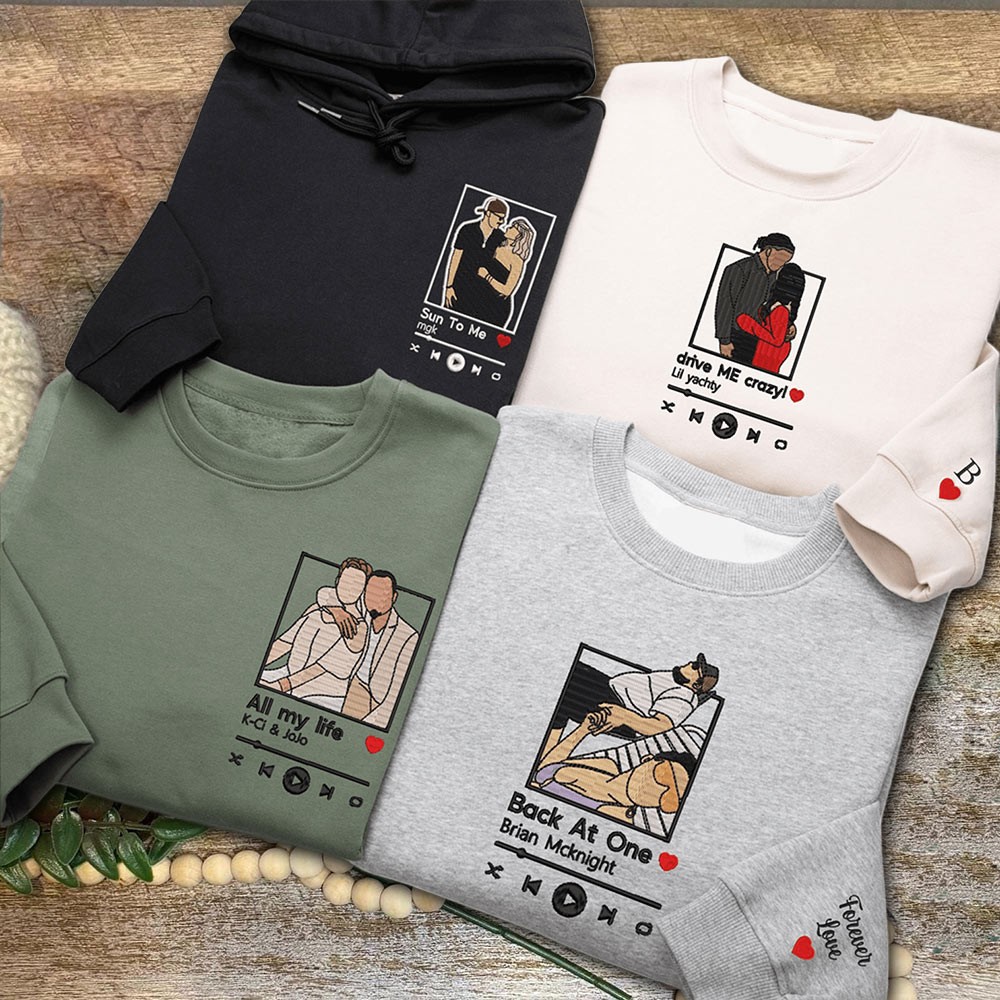 Custom Embroidered Portrait Sweatshirt with Music Player Design for Couples Anniversary Gifts for Him Valentine's Day Gift