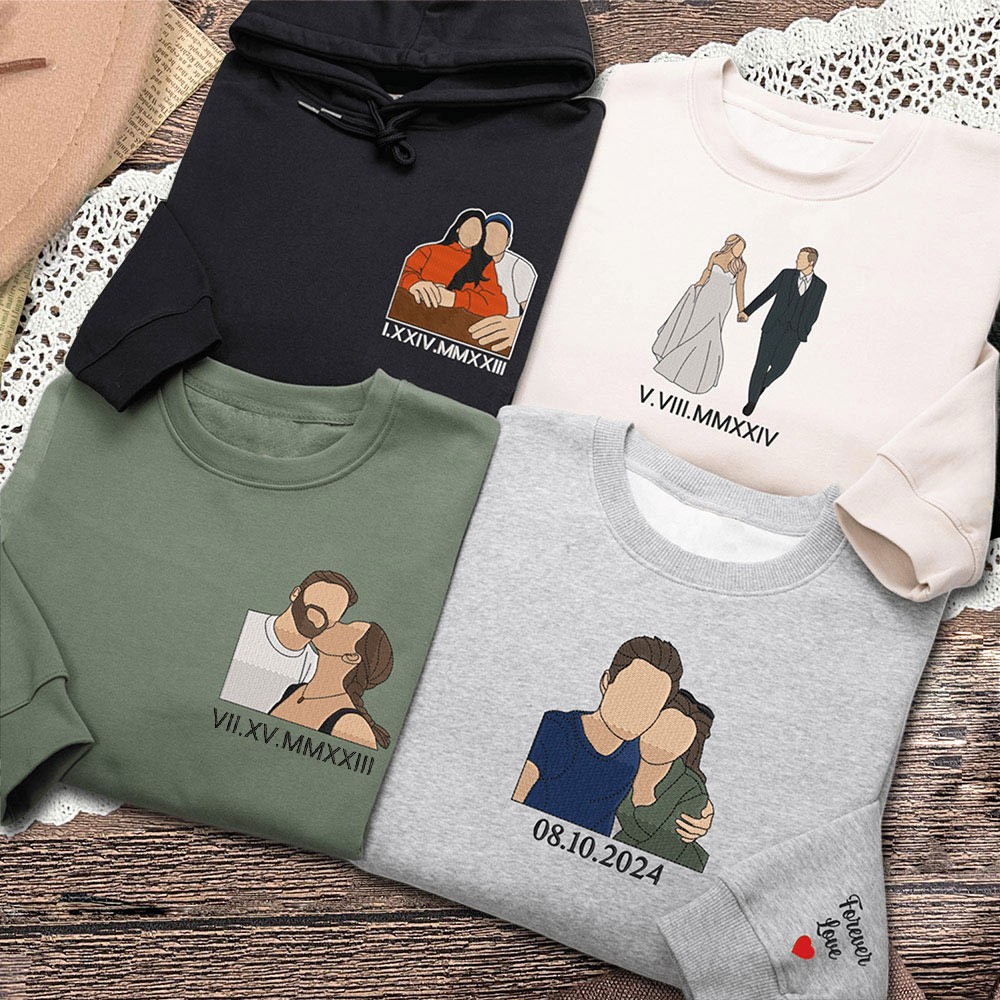 Personalized Couple Embroidered Portrait Matching Sweatshirt with Roman Numeral Gifts for Anniversary Valentine's Day