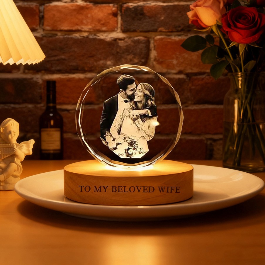 Personalized 3D Crystal Photo Portrait Night Light with Base Wedding Anniversary Gift for Wife Christmas Gifts