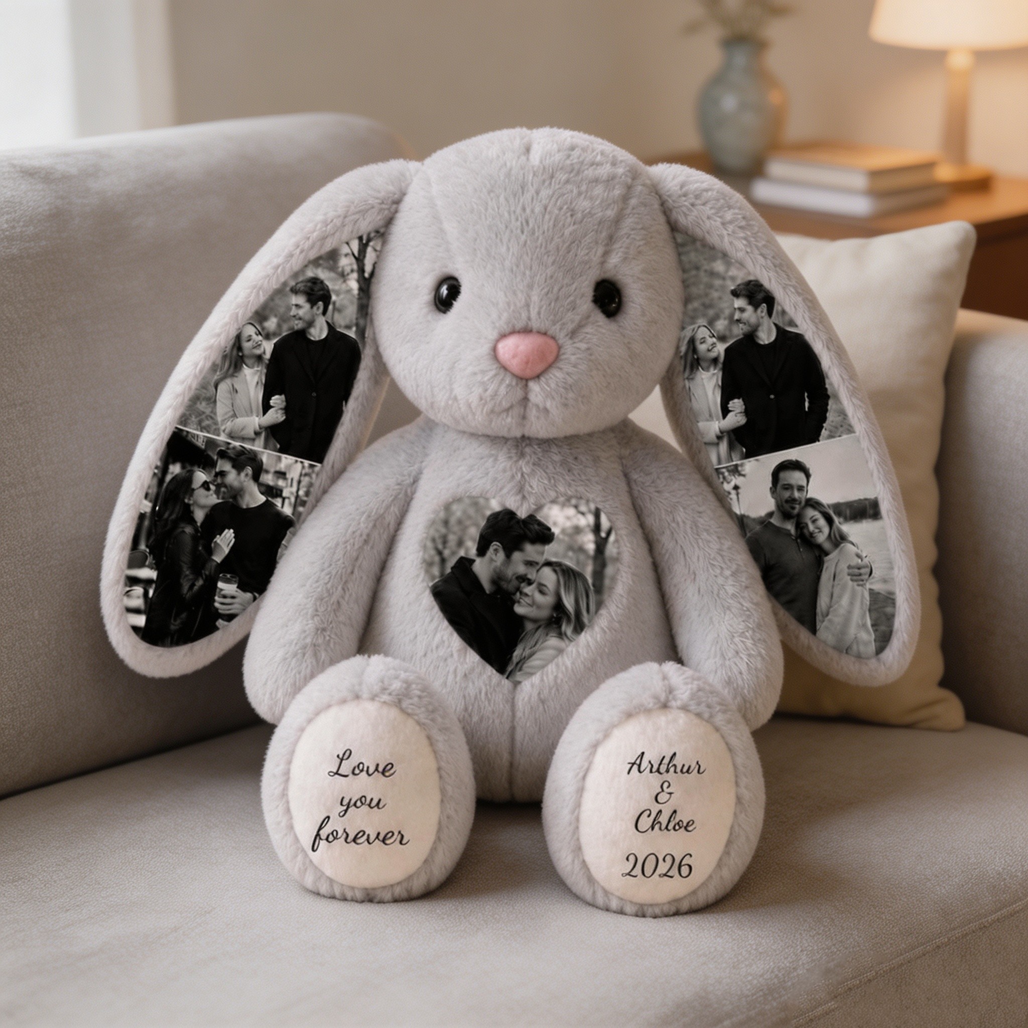 Personalized Photo Bunny Plush, Custom Memory Keepsake Rabbit with Photo Ears, Anniversary Gift for Couples, Family Gift