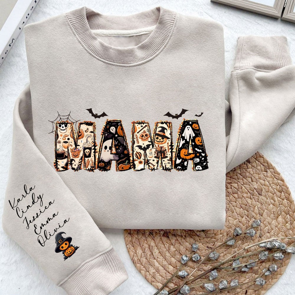 Personalized Halloween Mama Sweatshirt with Kids Names on Sleeve Gifts for Mom Halloween Gift