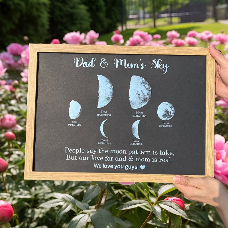 Personalized Dad And Mom's Sky Moon Phase Wood Frame With Kids Names Meaningful Family Keepsake Gifts