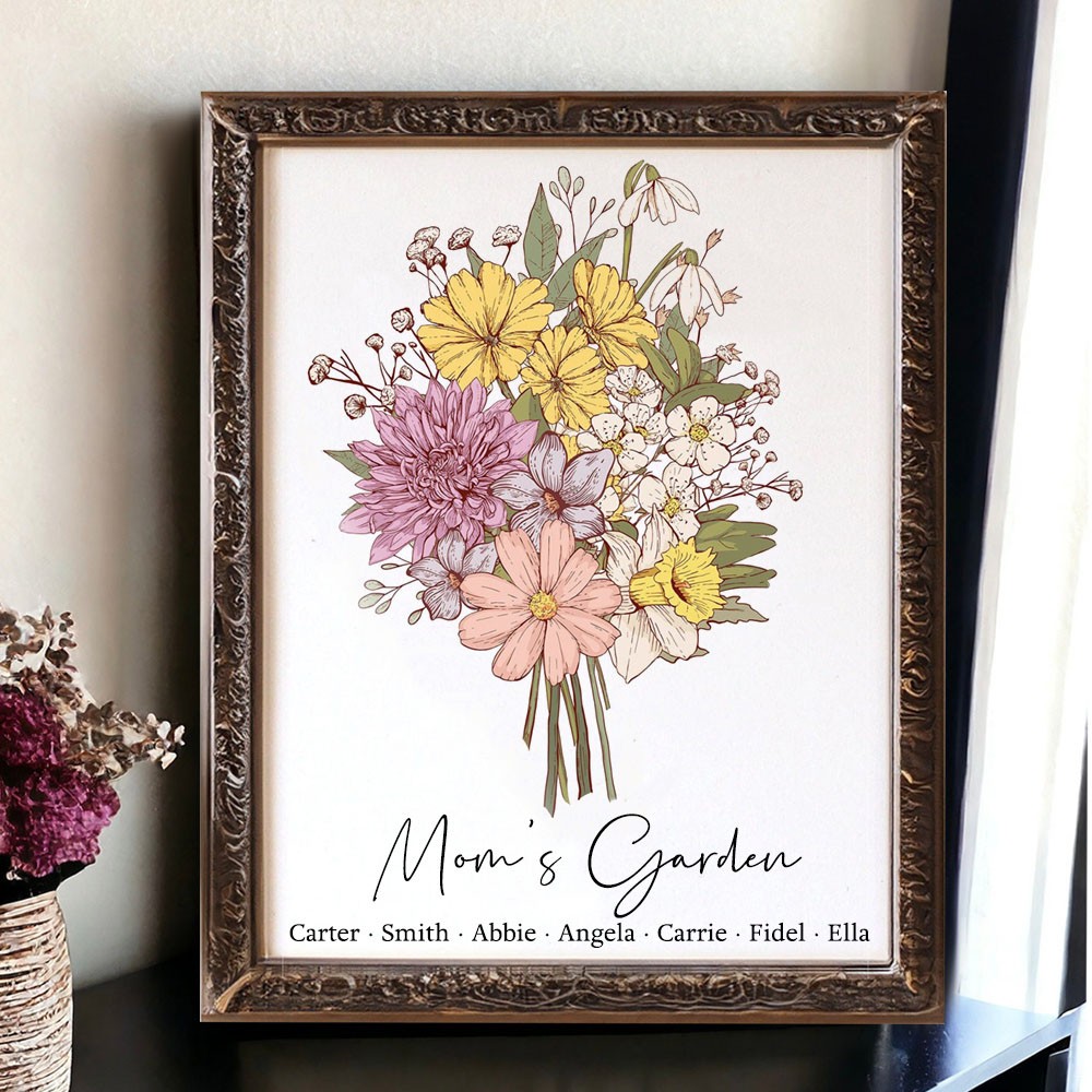 Personalized Mom's Garden Birth Flower Bouquet Frame Gifts for Mom Grandma Christmas Gift