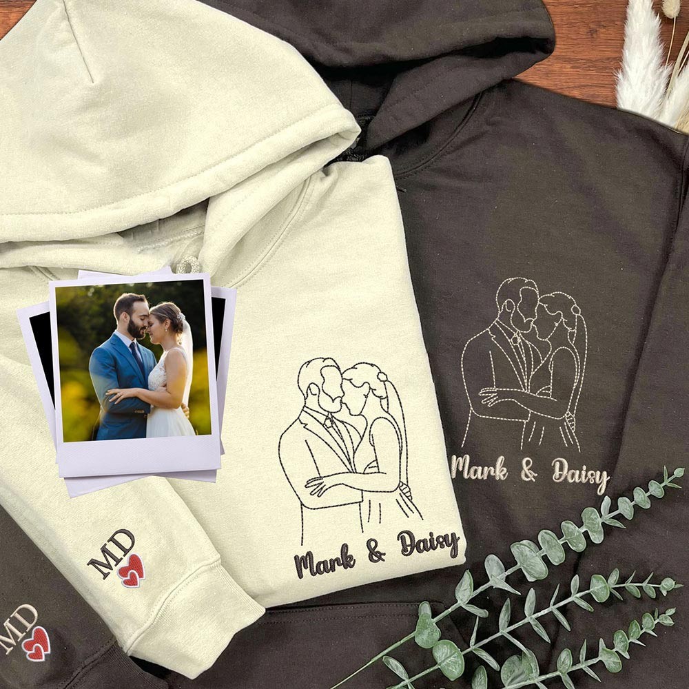 Custom Couple Embroidered Portrait from Photo Sweatshirt Hoodie  Anniversary Gifts Valentine's Day Gifts for Her